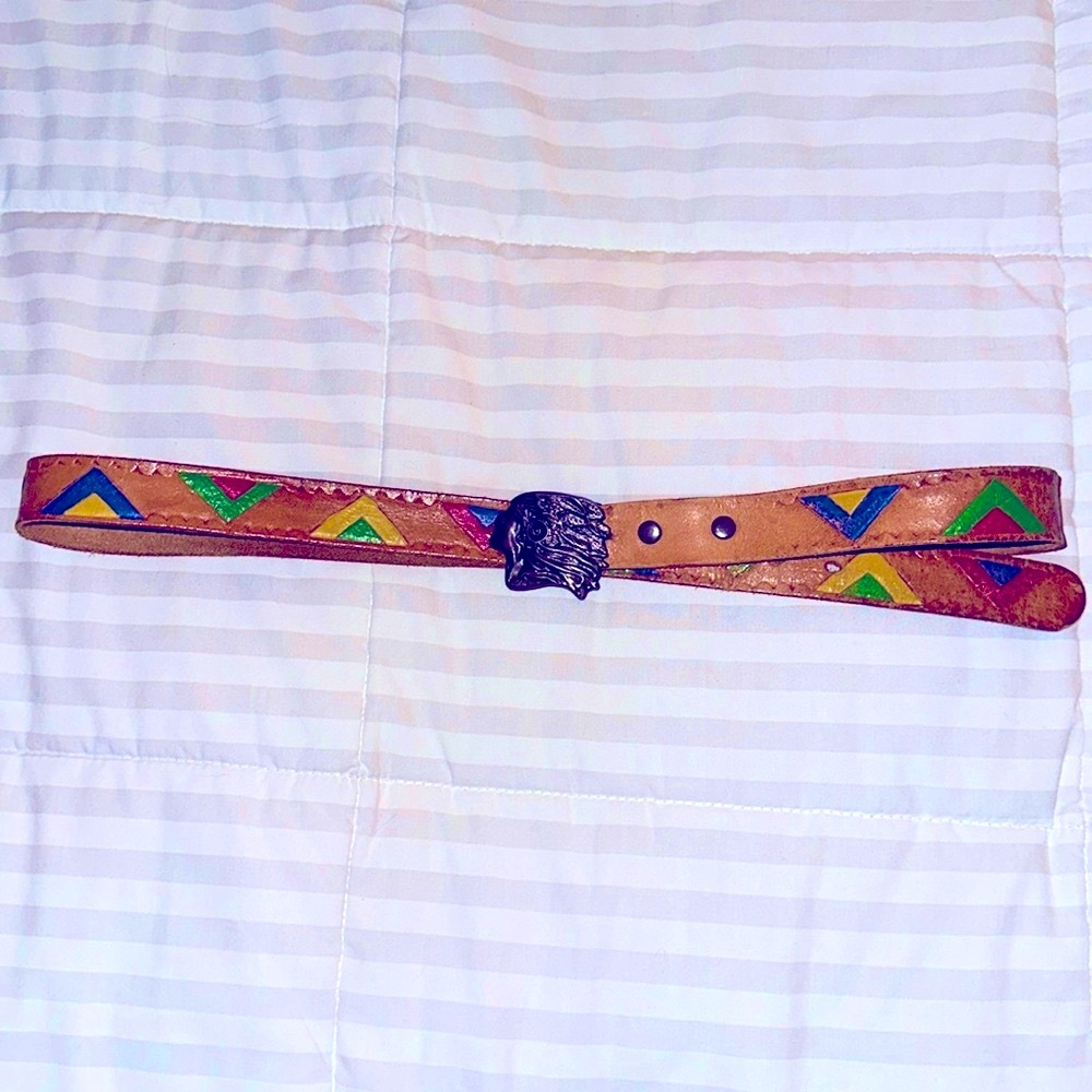 Vintage Western 1970s Leather Native American Brass Buckle Belt Size S/M